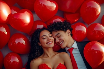 Sign of love and affection. Commercial ad campaign creative. Valentine's day, lovebirds couple: dazzling noticeable image of loving latin young couple. Passion and love. Affectionate lovers.