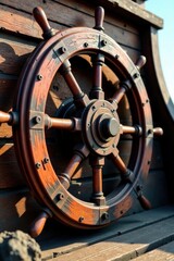 Obraz premium Weathered wooden ship wheel , vintage nautical elements, distressed metal, old machinery