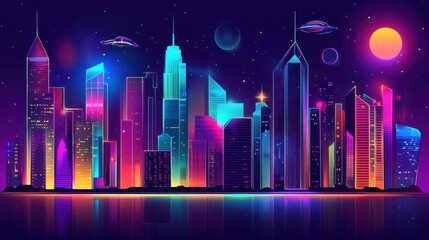 Neon Cityscape at Night with Flying Objects