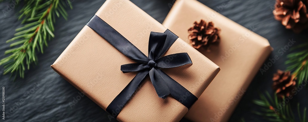 Poster two festive gifts wrapped in rustic craft paper and adorned with black ribbon, resting on a slate ba