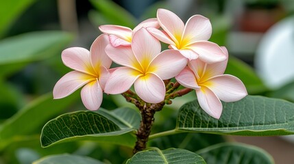 Fototapeta premium Delicate Pink and Yellow Plumeria Blossoms Close-Up