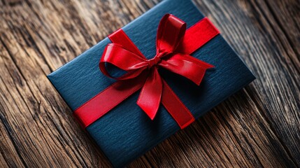 Elegant blue gift box with a red ribbon is laying on a rustic wood table, suggesting a special occasion like christmas or a birthday