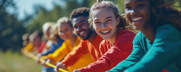 Diverse corporate team enjoys a sunny day outdoors playing tug of war
