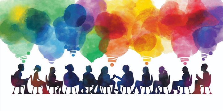 Silhouetted meeting with colorful thought bubbles in creative collaboration