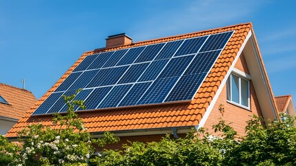 Fototapeta premium Modern house with solar panels on gable roof, clean design, natural light, sustainable living concept