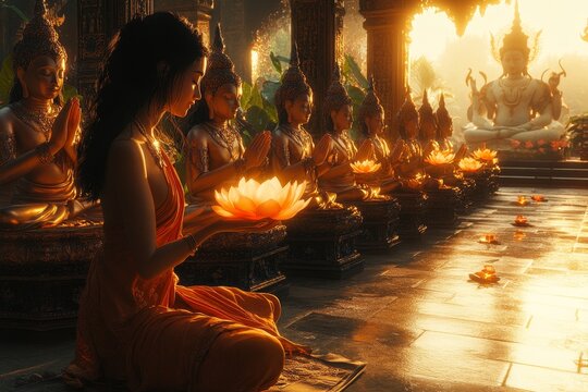 Woman meditates with lotus candle, temple sunrise