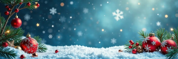 Naklejka premium Winter festive background with Christmas decorations and snowflakes, snowy, decorations