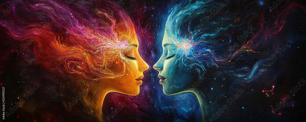 Poster abstract faces merge in a vibrant nebula, symbolizing the idea of cosmic affection