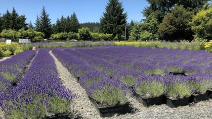 Fototapeta premium Rows of Lavender Plants in a Sunny Field