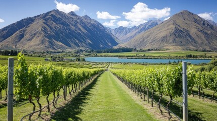 Fototapeta premium Vineyard Rows Nestled Amongst Majestic Mountains and Lake