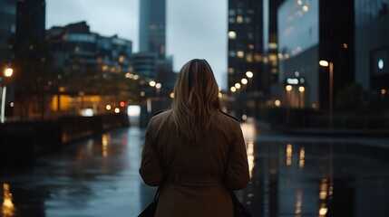 Woman Walking Alone In Rainy City Street At Night With Building Lights And Wet Asphalt