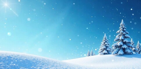 Winter landscape with blue sky and snowflakes, frosty background, snowy trees, winter silhouettes