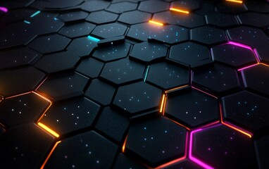 Abstract hexagonal pattern, vibrant neon lights, futuristic tech background,  for website banner