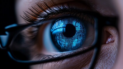A close-up of a human eye with a blue, digital pattern reflected in the iris, emphasizing technology and vision.