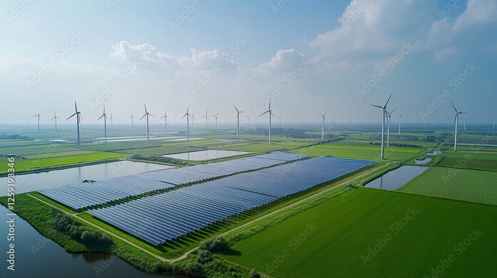 Poster aerial view of a field with wind turbines and solar panels generating clean energy