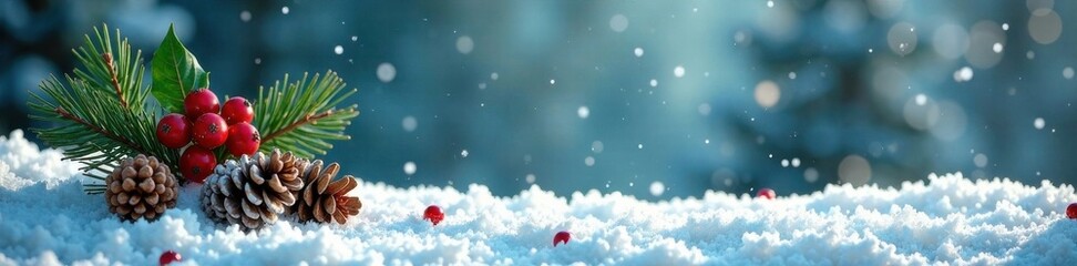 Winter wonderland with snowflakes, pinecones, and holly, snowflakes, winter, holly