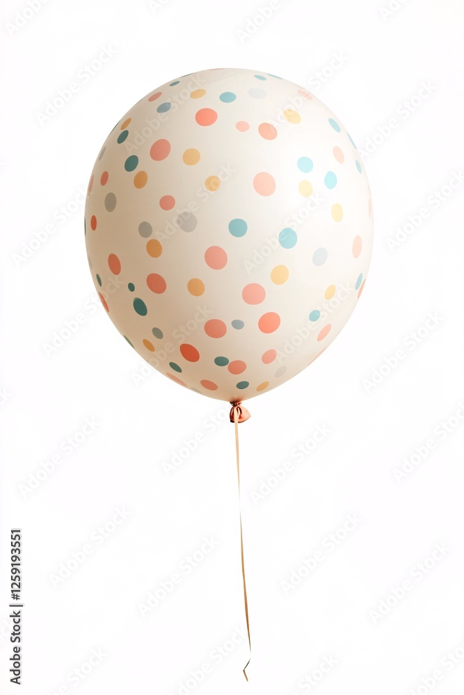 Poster festive balloon with colorful pastel polka dots is floating on a pure white background