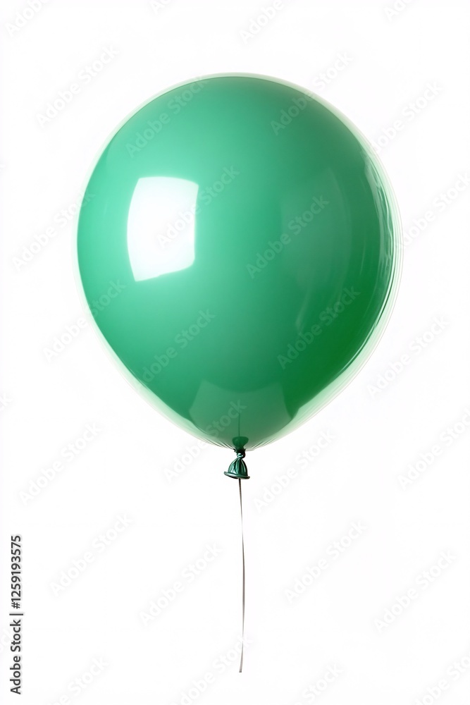 Poster lone green balloon is floating, tethered to a string, on a backdrop of white