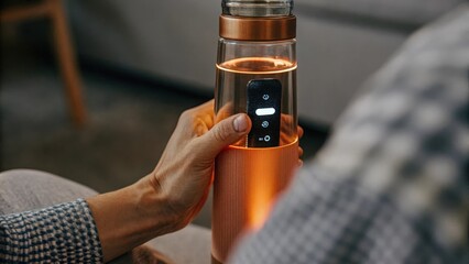 A closeup of a person adjusting settings on a smart hydration bottle which tracks water intake with illuminated prompts promoting optimal hydration for metabolic efficiency.