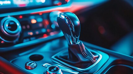 Luxury car interior with modern automatic gear stick and blue neon light reflection on leather