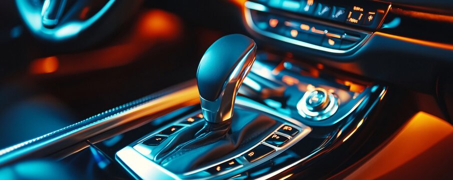 Modern car interior illuminated with blue and orange lights at night, focusing on the automatic transmission gear lever