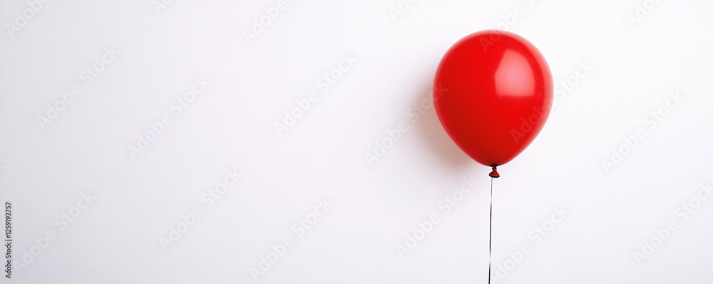 Poster Lonely red balloon with a string is drifting against a white backdrop