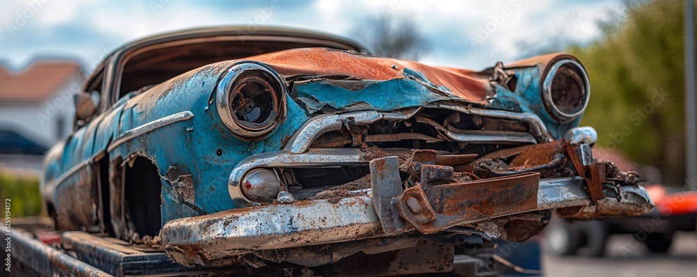 Aufkleber decaying old car showing signs of rust and deterioration in a junkyard