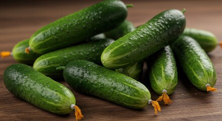 Fresh Cucumbers on Wooden Surface Ready for Salad or Pickling