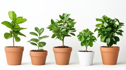 Obraz premium Five Potted Plants in Terracotta and White Pots
