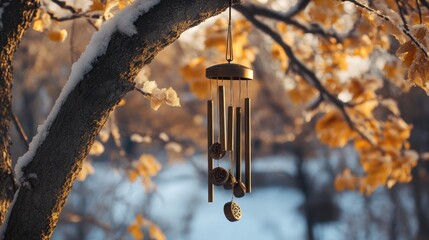 Decorative wind chimes hang amidst lush foliage, creating a serene garden atmosphere