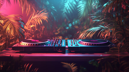 A dj turntable and neon lights