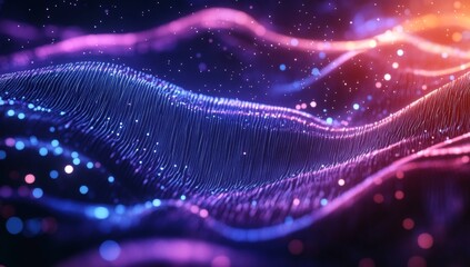 Abstract digital wave pattern with vibrant colors and particles in dark background