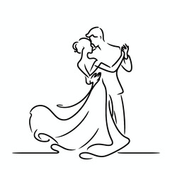 A graceful silhouette of a dancing couple captures the elegance of a wedding first dance. The fluid lines of the bride’s flowing dress add movement and romance, symbolizing love and joy.