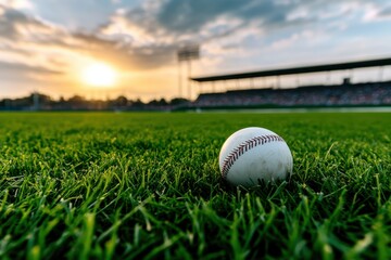 Baseball on Grass Field at Sunset, Beautiful Sky with Clouds in Background, Sports Field Photography