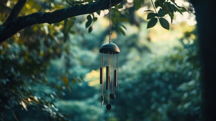 Decorative wind chimes hang amidst lush foliage