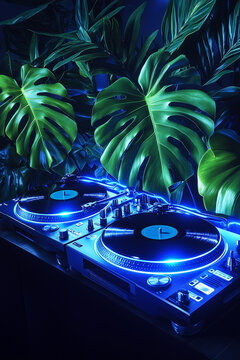 A dj turntable and neon lights