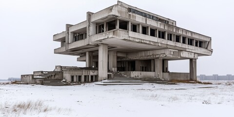 Abandoned brutalist soviet era building stands in a snowy field, showcasing its decaying concrete structure and broken windows against a grey sky, a stark reminder of a bygone era