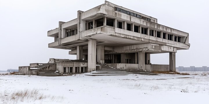 Abandoned brutalist soviet era building stands in a snowy field, showcasing its decaying concrete structure and broken windows against a grey sky, a stark reminder of a bygone era