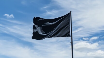 Black flag waving proudly on a metallic flagpole against a backdrop of a cloudy blue sky, symbolizing themes of mourning, protest, anarchy, and rebellion