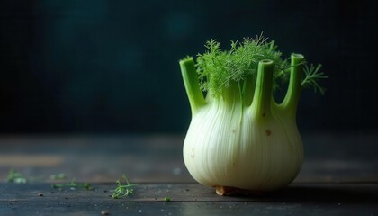 Fresh Fennel Bulb Still Life on Dark Wood Surface