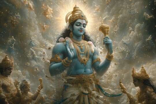 Lord Vishnu, celestial beings, clouds, divine, faith, religious art