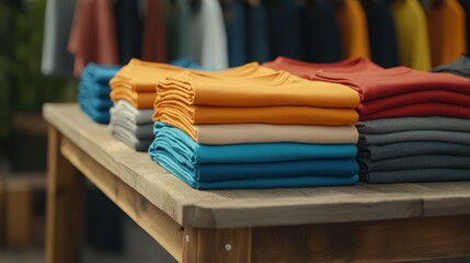 Colorful Folded T-Shirts Stacked Neatly on Wooden Table in Retail Store Display