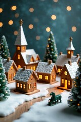 Obraz premium Wooden Christmas village scene with houses, shops and churches, wooden houses, religious symbols