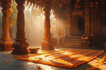 Sunlit temple, flower petals, India, autumn