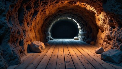 Wooden planks and dark wood beams in a cave, dark, wooden, planks