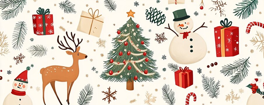 Seamless pattern with christmas tree, reindeer, snowman and gifts on white background
