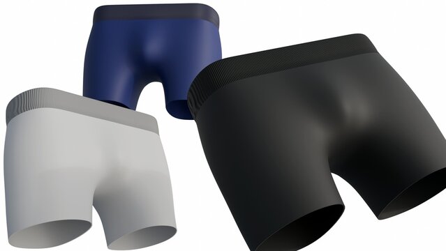 A 3d rendering of men's boxer briefs, rendered in a smooth, synthetic fabric in gray, black, and blue tones and textured waistbands.