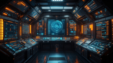 Futuristic Control Room Interface Displaying Complex Data and Navigation