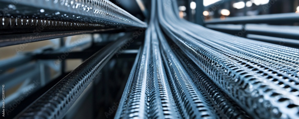 Poster Overhead installation of electrical metallic conduit creates a repetitive pattern in a server room