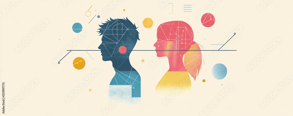Aufkleber Man and woman silhouettes with geometric shapes and lines symbolizing reflections on artificial intelligence